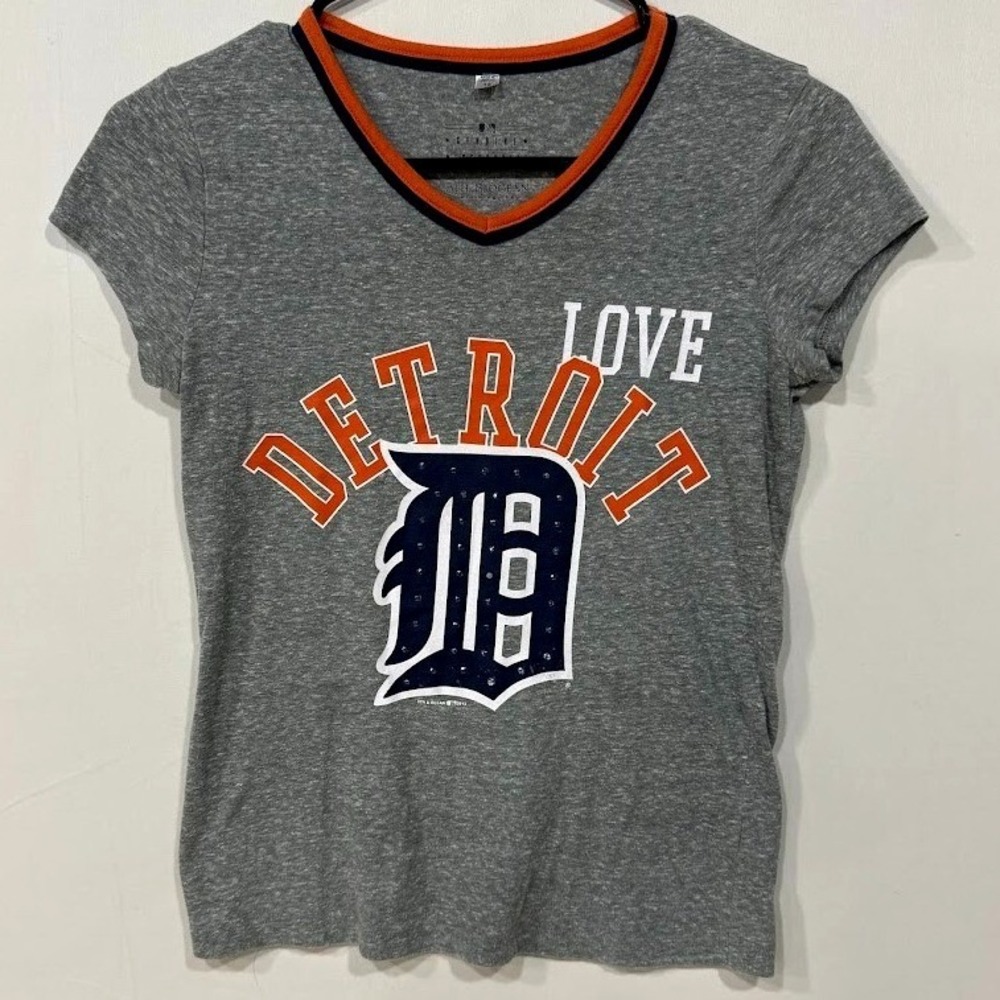 Detroit Tigers V-Neck T-Shirt Women's‎ Size 12 Gray Orange Blue MLB
